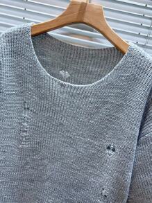 Manfinity Homme Men's Solid Color Distressed Crew Neck Casual Short Sleeve Knit Top, Summer - Light Grey - View 6