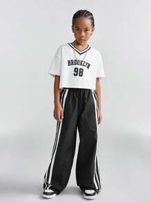 Coolane Kids 青少年女孩裤子运动衫运动衫返校服装妈妈和我 Garphic 复古 Kpop Y2k 黑白阔腿运动裤足球/排球感恩节万圣节服装圣诞节运动裤春/秋/冬