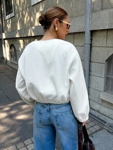 女款純色休閒極簡風假口袋前開襟圓領長袖外套，秋季日常穿搭白色布料 - 杏色 - 查看 2