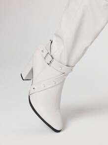 ROMWE Grunge Punk Giày bốt cao đến đùi mũi nhọn gót dày mới 2025 dành cho nữ, giày bốt cưỡi ngựa đa năng chống trượt có dây khóa - trắng - Xem 3