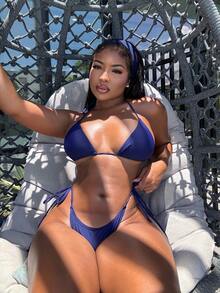 Alexandranx Summer Beach Plain Halter Bikini - Navy Blue - View 4