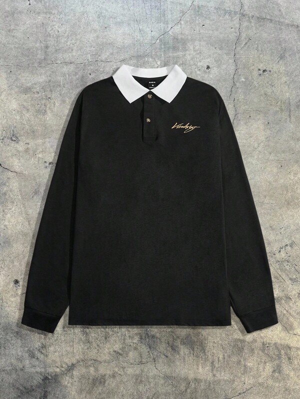 AXEPEAK Herren Polo Shirt mit Buchstabengrafik und Kontrastkragen, lange Ärmel, Viertelknopf, Farbblock, Ausgehen, lässig