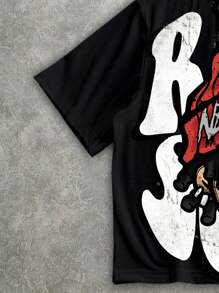 Manfinity EMRG 男士街头卡通连帽笑脸印花宽松短款T恤 - 黑色 - 查看 4