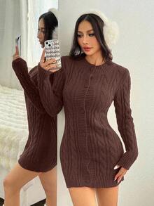 EURMUSE Weihnachts-Pelzkragen Zopfstrick Bodycon Pulloverkleid - Braun - Übersicht 5