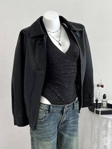 Elamini 百搭深 V 领金属纱紧身衣，适合春、夏、秋、冬