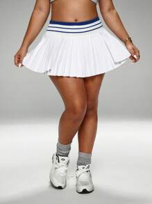 Rhythm Era Women's Contrast Color Waistband A-Line Pleated Short Skort, Sports Casual Daily Tennis Skort, Plus Size - White - View 1