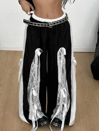 Coolane 女士秋季演唱会狂欢节外出 Y2K 复古撞色蕾丝黑色阔腿裤