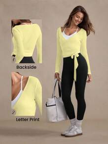 Eassivo Eassivo Camiseta deportiva de manga larga con nudo delantero de punto texturizado para mujer, versátil para todas las estaciones, top deportivo amarillo para mujer, tops de yoga, top deportivo de manga larga amarillo