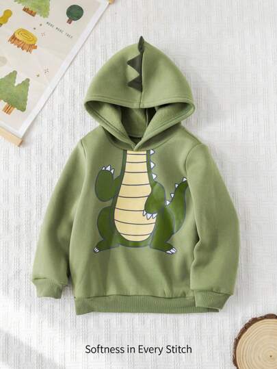 Cozy Pixies Sudadera con capucha de manga larga suave con estampado de dinosaurio de dibujos animados para niño pequeño