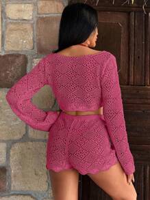 EURMUSE 女士纯色镂空短款度假罩衫和短裤套装 - 紫羅蘭色 - 查看 2