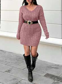 EURMUSE Plus Size Solid Color Minimalist Everyday Knit Long Sleeve Sweater Dress - Dusty Pink - View 4