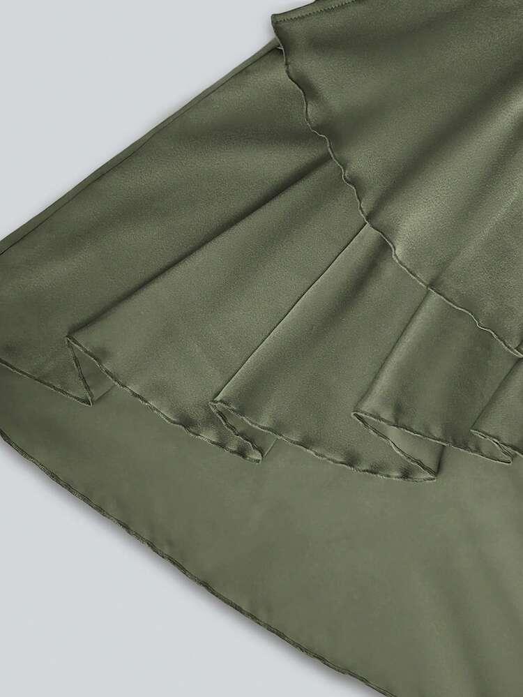 Elenzga 1 件优雅女式连衣裙，采用闪亮面料，交叉荷叶边侧系带细节，荷叶边下摆缎面连衣裙长款女装 - 綠色 - 查看 6