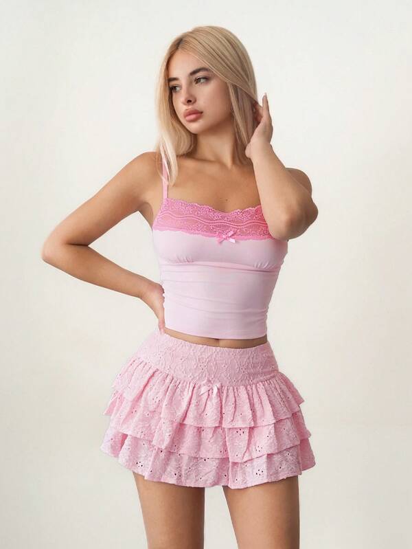 Sweetina Casual Fashionable Versatile Solid Color Layered Ruffle Hem Women Skirt