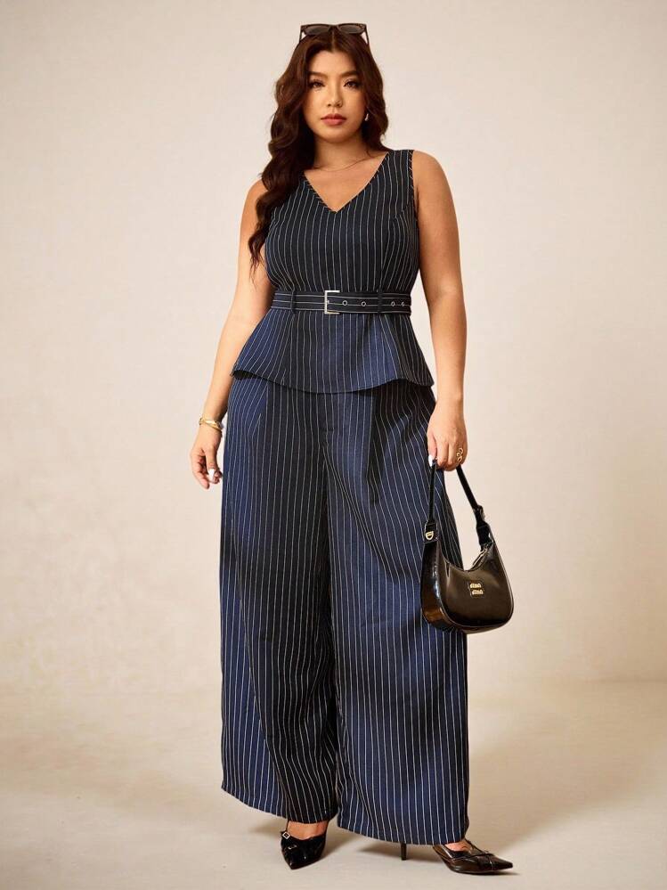 Elaquor Plus Size Randigt Mönstrat V-ringat Väst Och Vida Byxor Casual 2-Delat Set - Marinblå - Visa 1