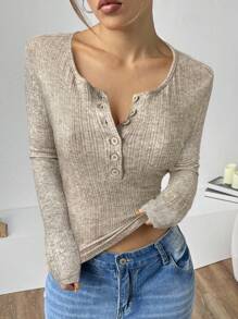 SHEIN EZwear Camiseta de mujer de manga larga con cuello en V de tejido acanalado en color caqui - Caqui - Ver 4