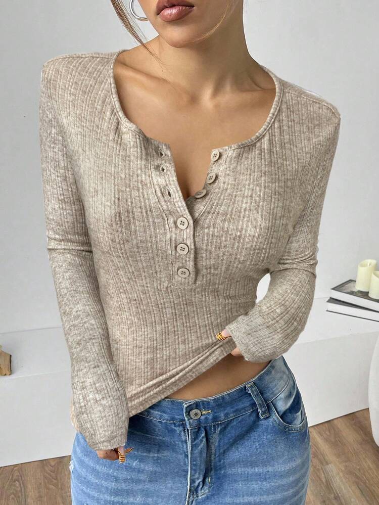 SHEIN EZwear 卡其色罗纹针织 V 领长袖 T 恤（女款） - 卡其色 - 查看 4