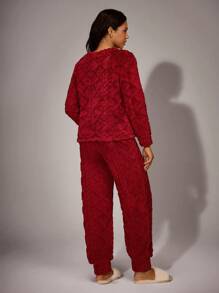 Women Slogan Embroidery Fleece Long Sleeve Top & Pants Pajama Set Cozy Outfit, Fall Winter Clothes - Burgundy - View 2
