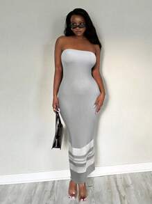 SHEIN SXY 大码女式春夏紧身抹胸拼接白色和灰色中长连衣裙，适合街头、休闲、性感、日常旅行、购物、约会，穿着凉爽舒适，易于搭配且看起来苗条，凸显您的身材，修饰身材 - 灰色 - 查看 3