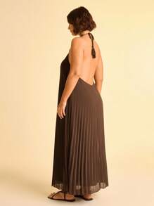 CAJUNI Plus Size Women's Boho Brown Pleated Halter Tie-Up Tassel Sleeveless Casual Summer Dress - Brown - View 2