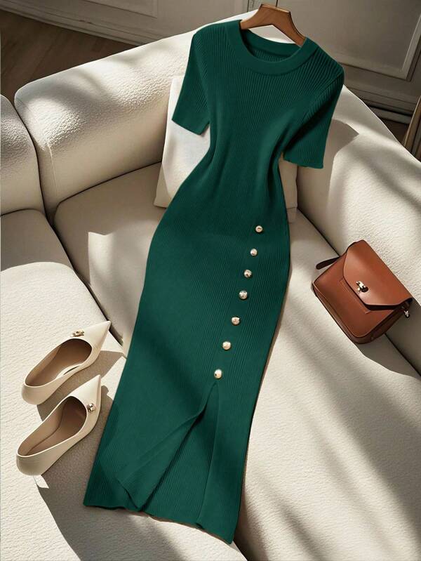 Franclia Women's Elegant Fitted Round Neck Short Sleeve Slit Decorative Button Knit Dress, Summer Knitted Sweater Clothes For University