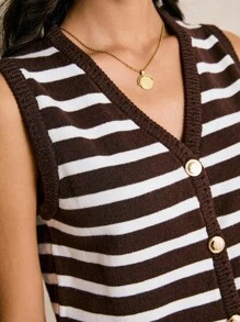 Poéselle 女士休闲条纹无袖开衫毛衣冬季女士条纹开衫轻松时尚必备 - 咖啡棕 - 查看 6