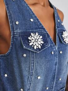 Slaydiva Women's Summer Fashion Washed Rhinestone Decor Denim Vest - Blue - View 4