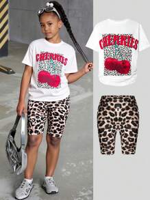 2件套女童休闲樱桃豹纹圆领T恤和短裤套装