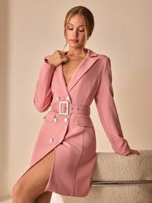 Women, Autumn, Jacket, Long Sleeve, Pink, Pocket, Belted, Button, Casual - Pink - View 1