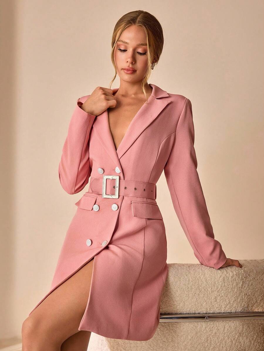 Women, Autumn, Jacket, Long Sleeve, Pink, Pocket, Belted, Button, Casual - Pink - View 1