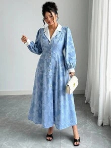 Elenzga 大码女式法式休闲提花长袖连衣裙蓝色碎花连衣裙纽扣连衣裙翻领连衣裙女式连衣裙 - 淺藍色 - 查看 5
