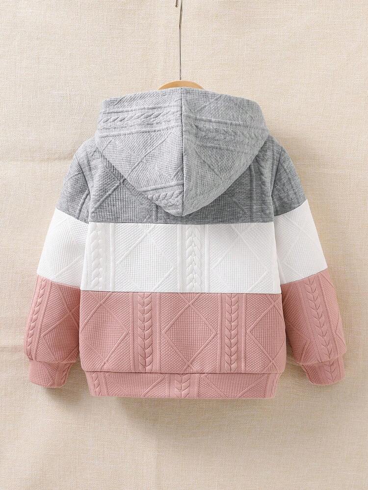 SHEIN 年轻女孩提花拼布简约运动连帽棒球夹克，百搭2025年开学季年轻女孩校园休闲运动装 - 彩色 - 查看 2