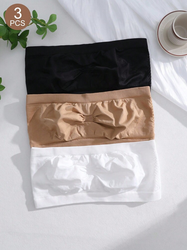 SHEIN 3件套休闲舒适简约无缝纯色无钢圈褶皱无衬里女士文胸套装 - 彩色 - 查看 7