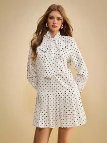 Muvela Váy ngắn xếp nếp họa tiết chấm bi cổ điển dành cho nữ, phong cách thanh lịch thích hợp cho tiệc trà chiều, đi chơi đêm, tụ tập bạn bè, sang trọng - trắng - Xem 2