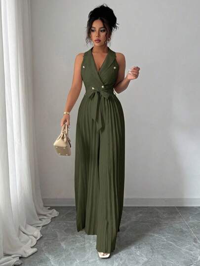Elenzga Women's Solid Color Lapel NeckMetal Double-Breasted Pleated Wide Leg Sleeveless Elegant Jumpsuit