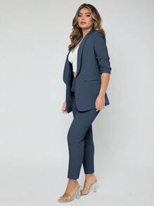 EURMUSE Spring Black Elegant Green Fruit Collar Cardigan Blazer And Trouser Suit - Dark Grey - View 5