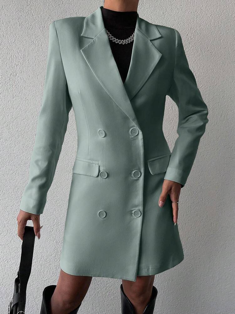 EURMUSE Women's Solid Color Regular Shoulder Long Sleeve Single-Breasted Lapel Collar Fashion Suit Set - Mint Green - View 5