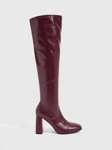 CUCCOO SZL بوت نسائية برقبة طويلة فوق الركبة، ذات كعب سميك مربع الأصبع، بلون بوردو، ذات طابع جريء وأنيق، عالية جداً - عنابي اللون - مشاهدة 4
