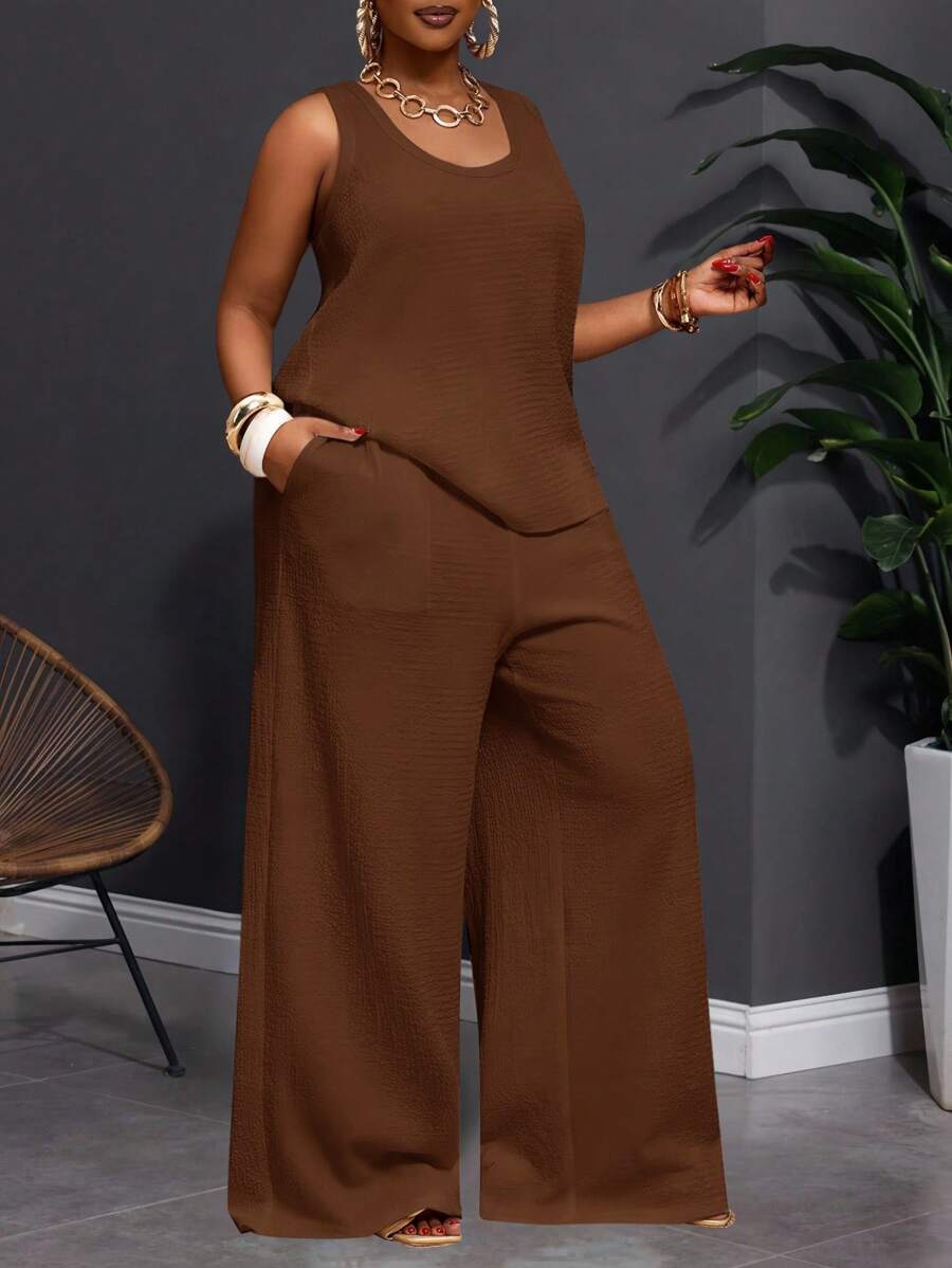 Slaydiva 2025 Neue Frühling/Sommer Damen Große Größen Vintage Western/Tropical/Musik Festival/Club/Roadtrip//Lässige Straße/Stadt Urlaub/Abschlussfeier Outfit 2-teiliges Set - Ärmellose Bluse mit U-Ausschnitt und strukturierter transparenter Bluse mit elastischer Taille und weite Hose - Braun - Übersicht 1