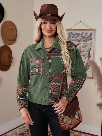 SHEIN LUNE Geo Print Drop Shoulder Corduroy Jacket
