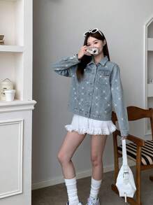 SHEIN 少女时尚休闲 Y2K 复古酷炫闪亮钻石蓝牛仔宽松翻领长袖外套，柔软日常穿着，适合春夏秋冬锐舞节、海滩街头风，闪亮牛仔外套，水钻牛仔外套 - 藍色 - 查看 6