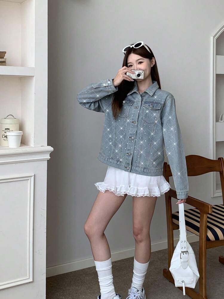 SHEIN 少女时尚休闲 Y2K 复古酷炫闪亮钻石蓝牛仔宽松翻领长袖外套，柔软日常穿着，适合春夏秋冬锐舞节、海滩街头风，闪亮牛仔外套，水钻牛仔外套 - 藍色 - 查看 6