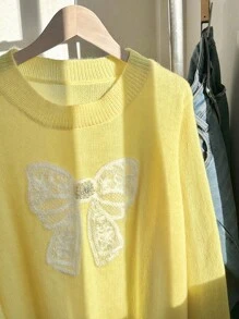 Comfortcana 大码女式休闲可爱蝴蝶结刺绣仿珍珠水晶装饰套头衫，秋季 - 黃色 - 查看 6