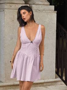 Siren Gaze 夏季新款粉色波点深V领连衣裙，毕业典礼礼服，优雅连衣裙 - 粉色 - 查看 6