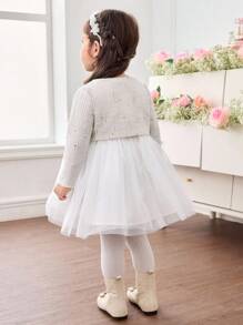 SHEIN Baby Girl Elegant Apricot Tweed Jacket & Mesh Dress Set Fall Winter - White - View 2