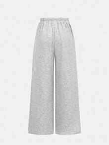 SHEIN Tween 女童宽松休闲简约卡通马刺绣百搭阔腿罗纹针织抽绳运动裤，纯色，灰色，适合返校穿着，居家或外出穿着舒适，秋冬 - 灰色 - 查看 2