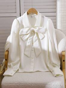 SHEIN Áo sơ mi dài tay cài nơ màu trơn đơn giản dành cho bé gái tuổi teen - Màu be - Xem 1