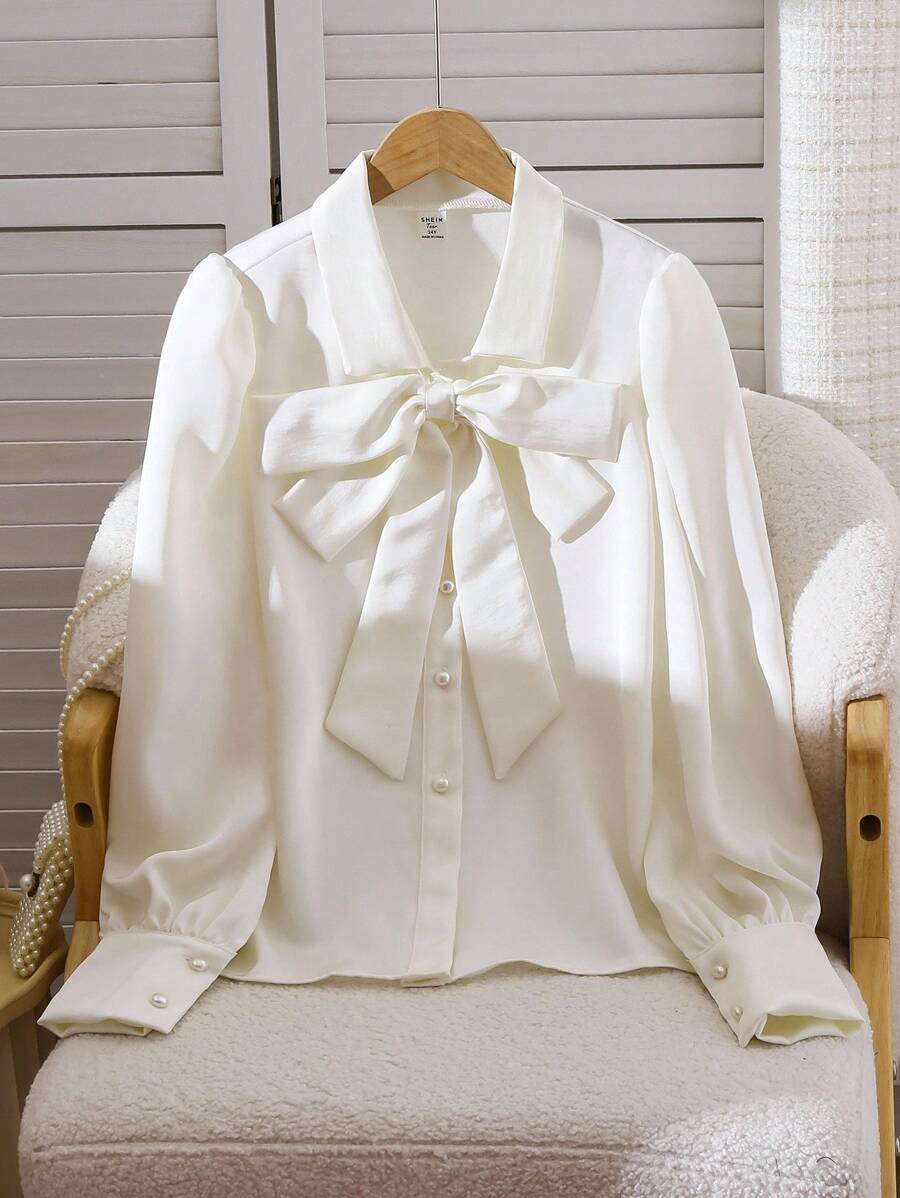 SHEIN Áo sơ mi dài tay cài nơ màu trơn đơn giản dành cho bé gái tuổi teen - Màu be - Xem 1