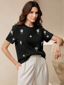 Anewsta Camiseta holgada casual con flores hechas a mano con cuentas para mujer