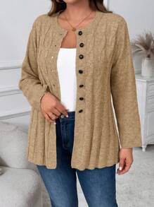 Plus Size Solid Color Round Neck Long Sleeve Single-Breasted Casual Knit Cardigan Winter Fall Autumn - Brown - View 1