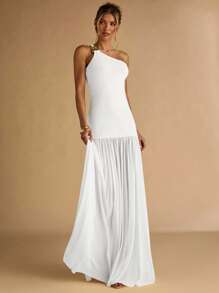 SHEIN BAE 女士杏色不对称肩部金属扣装饰紧身连衣裙，透明下摆，优雅 - 白色 - 查看 6